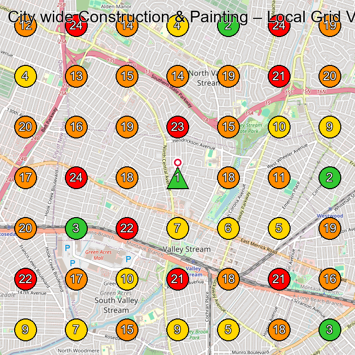 City wide Construction & Painting General Contractor GeoGrid ranking map for Valley Stream NY
